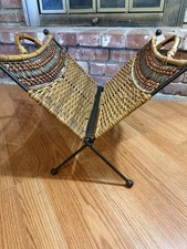 Vintage Magazine Rack Beaded Folding Record Album Book Stand Ratan Wicker