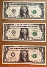 $1 One Dollar 2017 Fancy Serial Consecutive Star Notes F 10036976, 77 & 78
