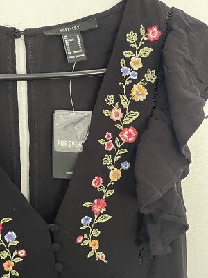 Forever 21 Black Dress Embroidered Flowers Maxi Dress Size Medium Grunge |  eBay