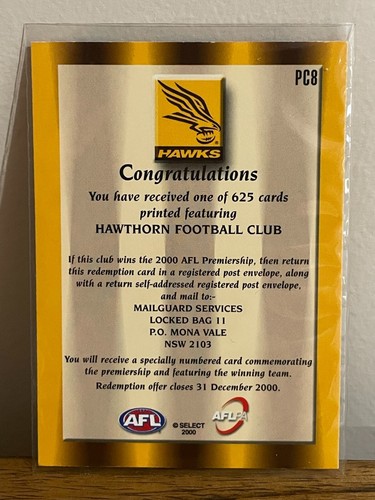 2000 AFL SELECT MILLENIUM SERIES HAWTHORN HAWKS PREMIERSHIP PREDICTOR PC8. - Picture 2 of 2