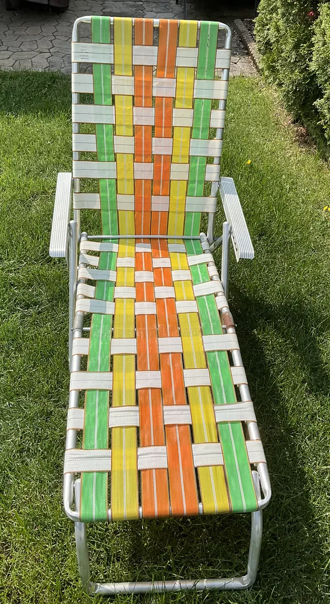 Vintage Webbed Aluminum Folding Chaise Lounge Lawn Chair Beach