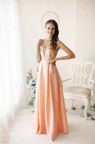 EVA \u0026 LOLA ABITO LUNGO CERIMONIA ROSA SALMONE CORPETTO PAILLETTES CHAMPAGNE  ROSA | eBay