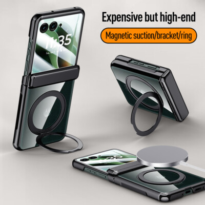 For Motorola Razr 60 Ultra, KickStand Magnetic Hinge Clear Cover Case Glass Film