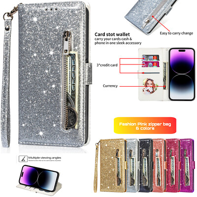 For iphone 15 14 13 12 11 Pro Max Shockproof Glitter Leather Wallet Case Cover