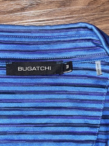 Bugatchi Polo Shirt Mens Medium Blue Black Striped Mercerized Cotton Pocket - Picture 3 of 6