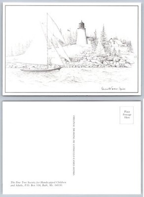 Maine Lighthouse Sailboat Art Postcard by Consuelo Eames Hanks Bath ME Charity