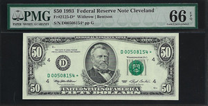 US $50 1993 PMG 66 EPQ UNC Fr #2125-D* Star Note FRN Cleveland Withrow/Bentson