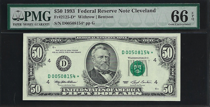 US $50 1993 PMG 66 EPQ UNC Fr #2125-D* Star Note FRN Cleveland Withrow/Bentson