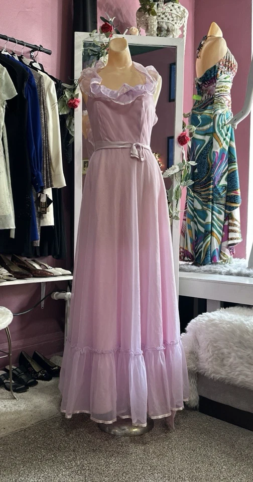 Vintage 70s Prom Formal Maxi Dress Purple Off Shoulder Prairie Boho Coquette XS - Image 2 of 4