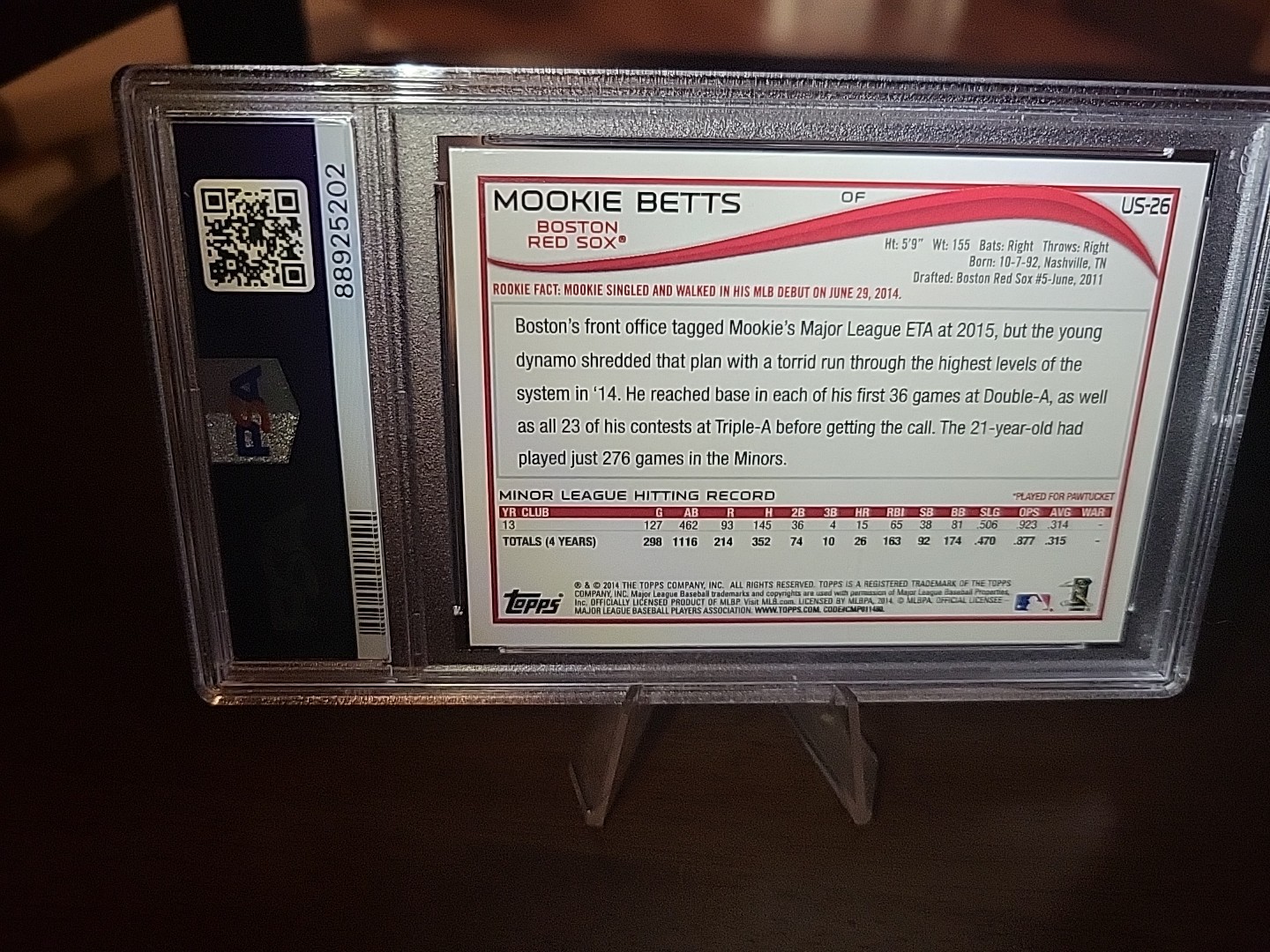 2014 TOPPS UPDATE BATTING #US26 MOOKIE BETTS ROOKIE RC PSA 9 view 3