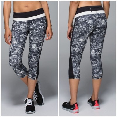 Lululemon Up The Pace Black White Flowabunga Crop Leggings Yoga Pants Size 6 Run