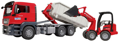 Bruder LKW Modell MAN TGS Fertigmodell mit Abrollcontainer und Schäffer Hoflader