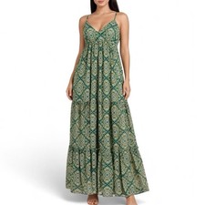 Fashion Nova Camryn Chiffon Flowy Maxi Dress Green Boho Print Size Small