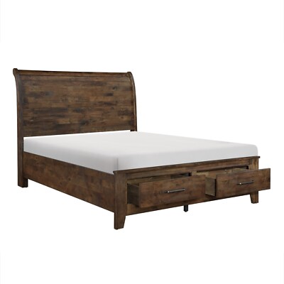 RUSTIC PLANKS SOLID WOOD BURNISHED BROWN KING BED W/ STORAGE DRAWERS FURNITURE