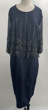 Textport Women's Long Sleeve Crew Neck Navy Blue Color A Line Beaded Dress Sz 46