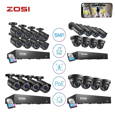 ZOSI 4k 8CH NVR PoE Security 5MP Camera System Waterproof CCTV 24/7 Recording 2T