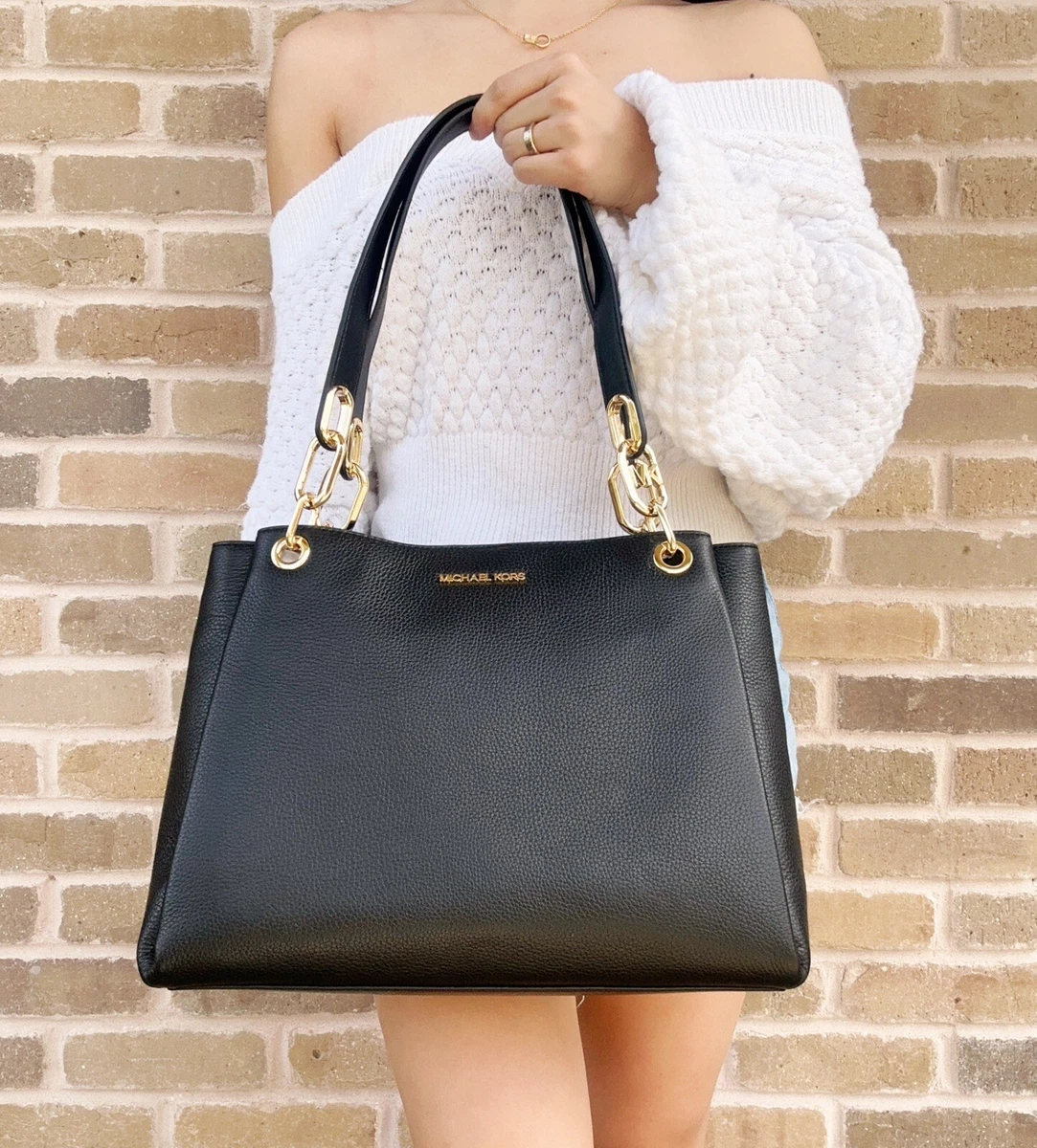 Michael Kors Trisha Large Triple Gusset Tote Black Pebbled Leather 