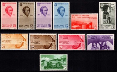 KINGDOM 1935 CENTENARY VICENZO BELLINI 11 VAL. G.I MNH** FRESH AND CENTERED CERT.