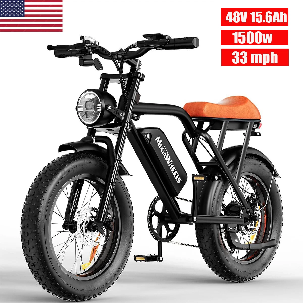 US~1500W Electric Bike For Adult 60mile 33mph 20'' Fat Tire Off