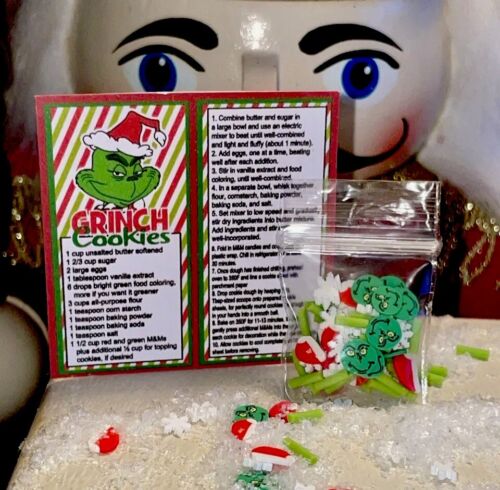 Christmas Dollhouse Miniature The Grinch Sugar Cookie Recipe & Cookies Hat Face - Picture 1 of 4