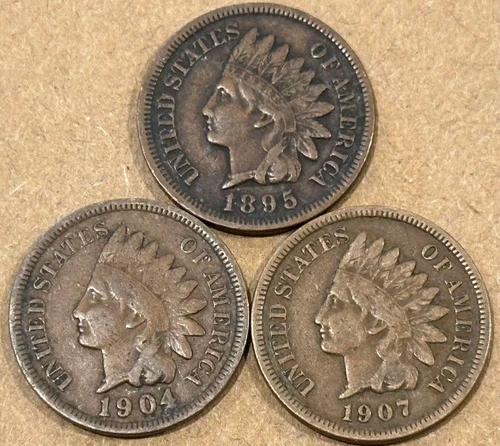 Indian Head Cent (3) Coin Lot / FINE Cond / 1895 FULL LIBERTY + 1904 & 1907
