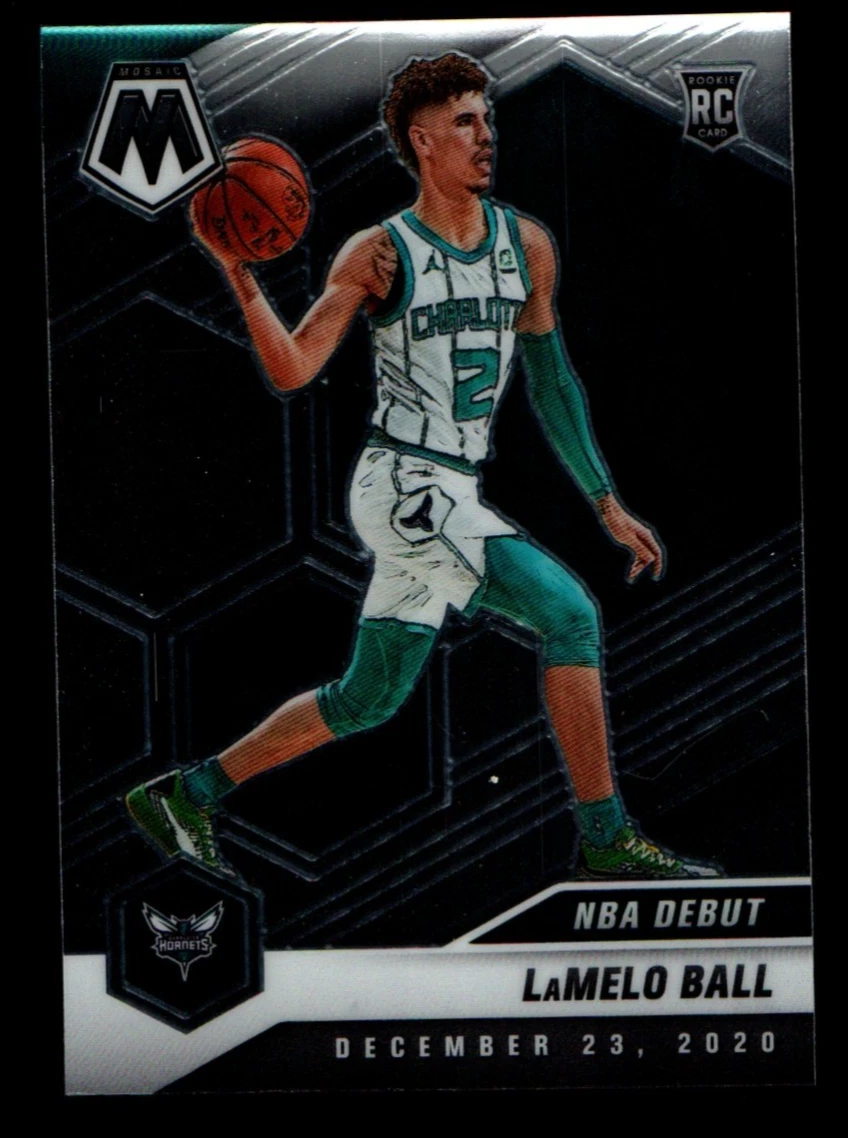 Front of 2020-21 Panini Mosaic LaMelo Ball NBA Debut Rookie Card