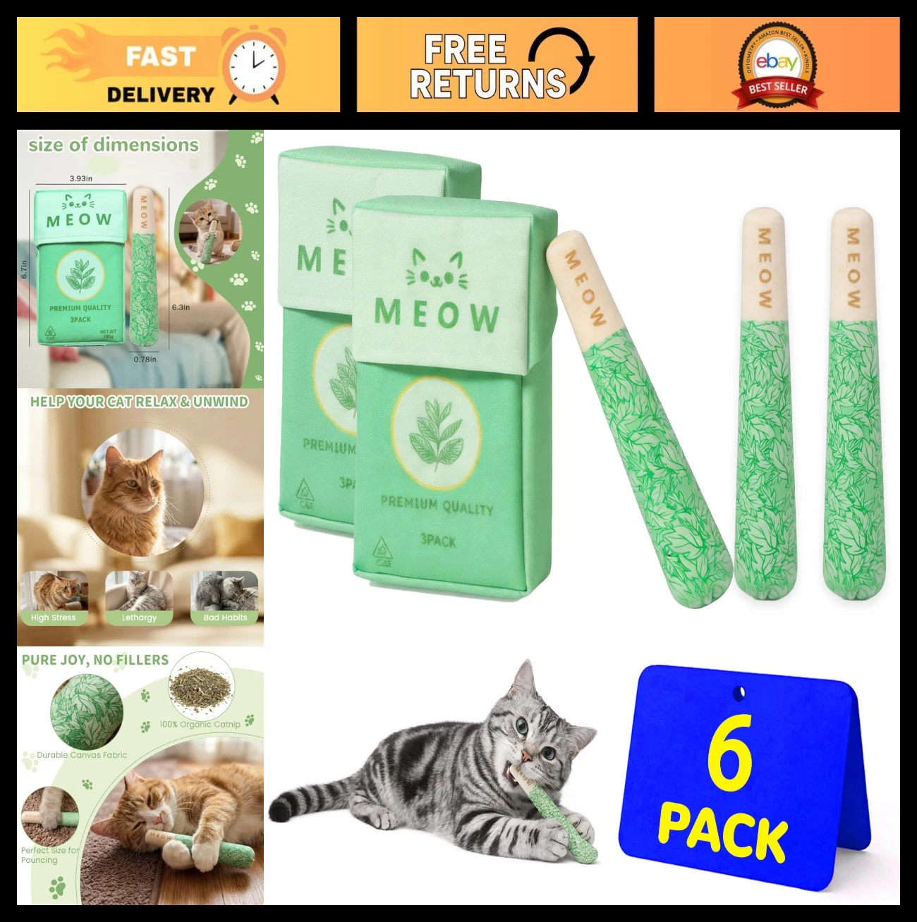 6 Pack Organic Catnip Toys - Safe Chew & Kicker Toys for Kittens, Stress Relief