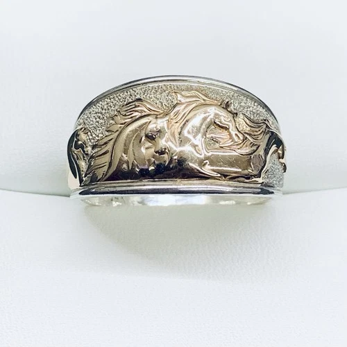 Vintage Kabana 14k Yellow Gold + 925 Sterling Silver Running Horse Ring Size 11