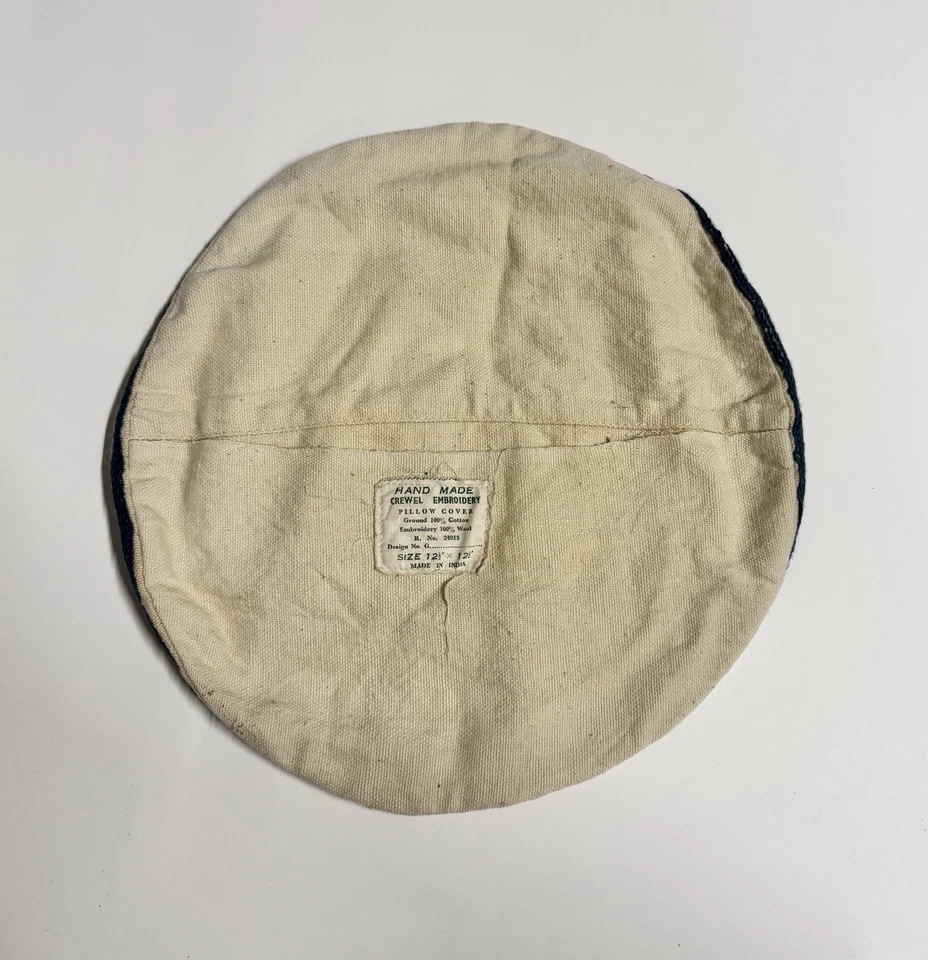 Vintage Floral Needlepoint Pillow Cover 12 In Round Circular MCM Blue Folk Art - Image 3 of 4