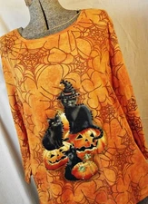 HALLOWEEN Vtg Collections Etc Womens Shirt Black Cats JOL Sequins Orange XL