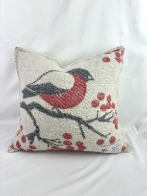 Barker Textiles Rowan Tree Robin Pillow Red Bird Holiday Berries w/ Zipper