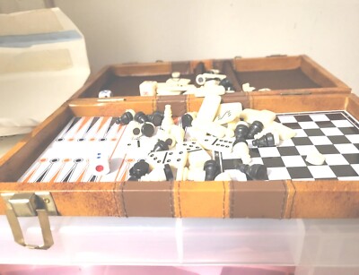 Spiele Leder Reise Aktentasche Domino's Schach Würfel Set Vintage Peaces 1980