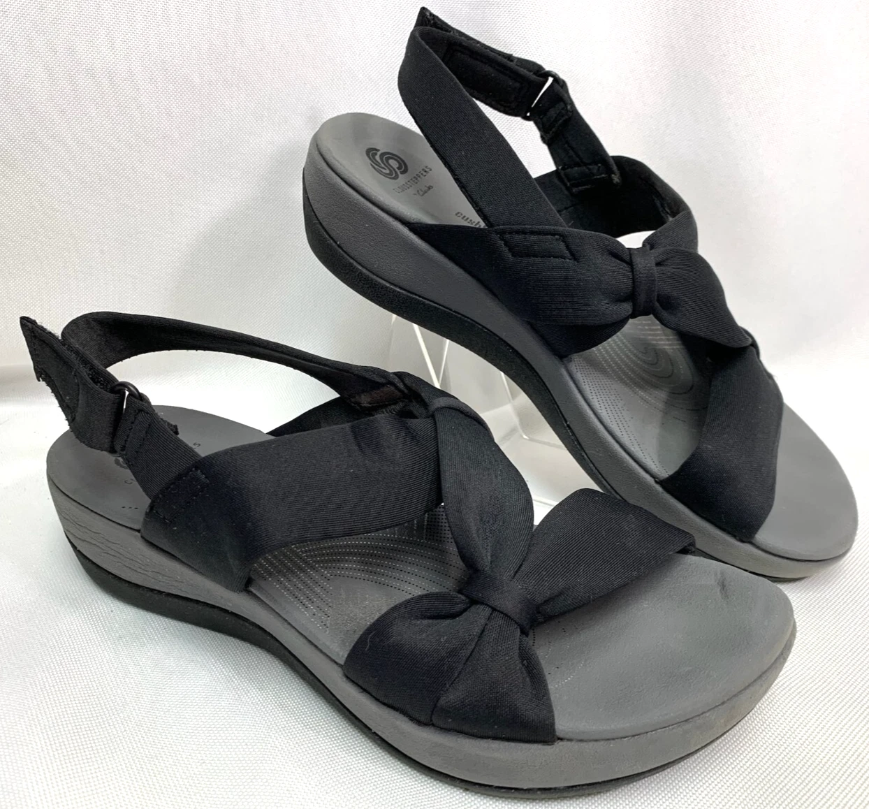 Scarpe donna Clarks Cloudsteppers taglia 8 Arla Meg sandali tessuto nero cinturini