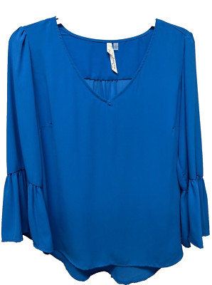 New York Collection Womens Ladies Blue Long Flare Sleeve V-Neck Blouse Top Sz 1X
