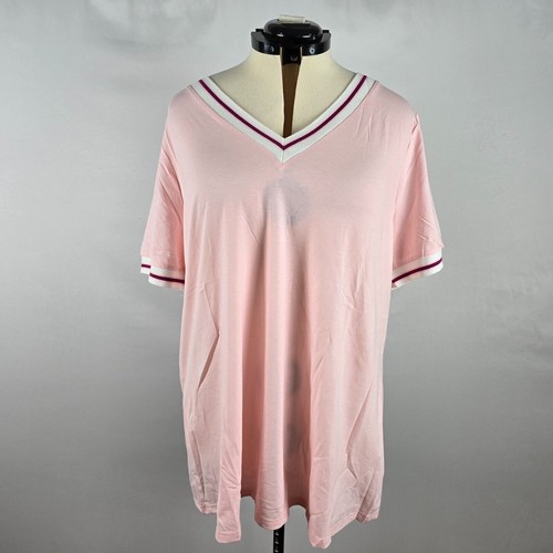 Bloomchic T-Shirt Women's 2X Short Sleeve Pink White Stripe V-Neck Plus Size NWT