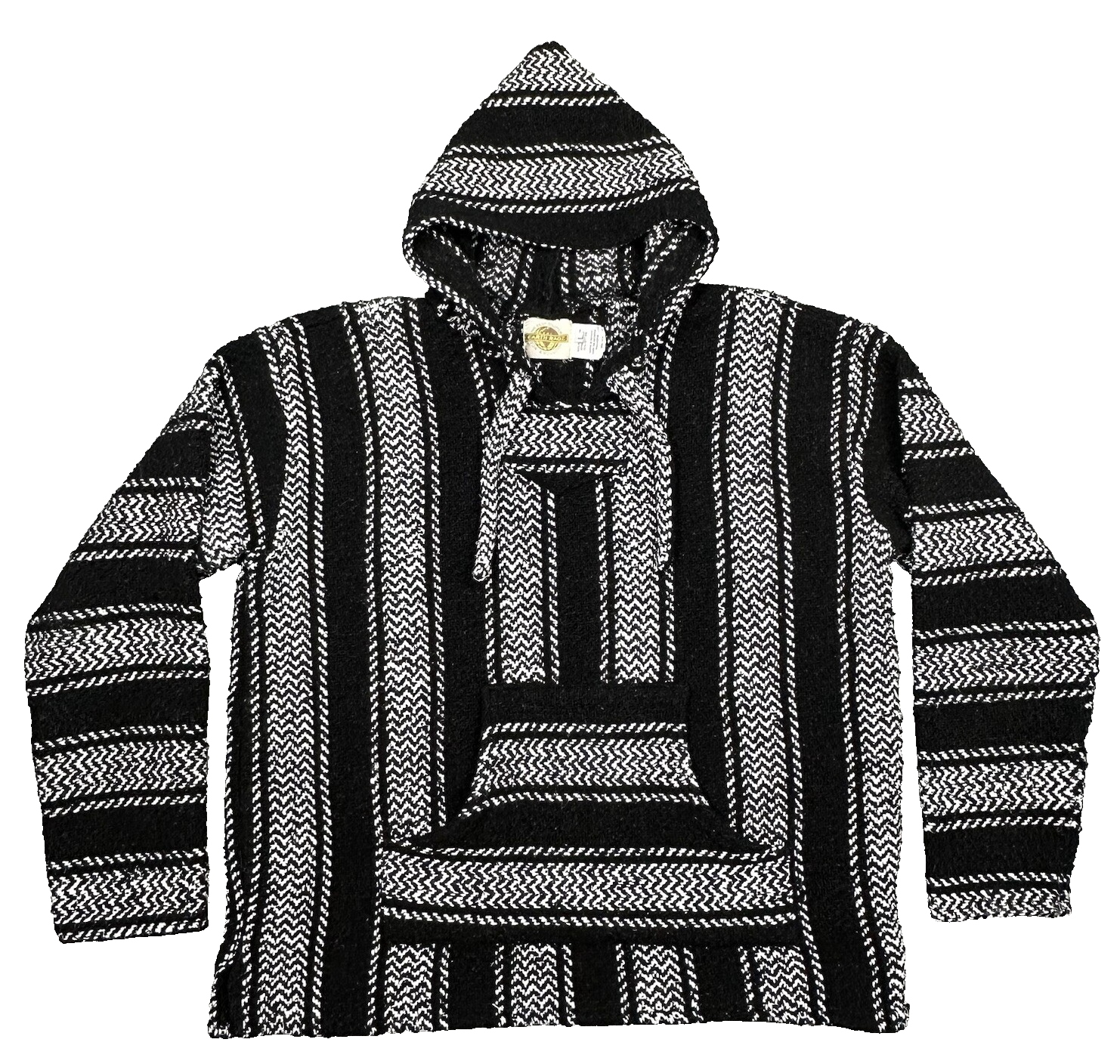 Earth Ragz Hoodie Mens Large Black Gray Striped Pullover Poncho Drug Rug Hippie