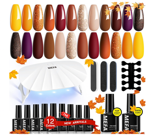 Gel Nail Polish Kit with U V Light, 12 Colors Fall Gel Nail Polish Set - 19 Pcs