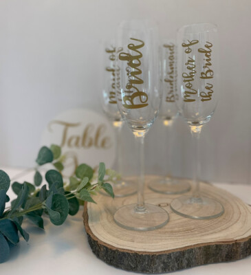 15 X PERSONALISIERTE FLÖTE GLAS VINYL AUFKLEBER - HOCHZEIT BRAUT PARTY JUNGGESELLINNENGESCHENK