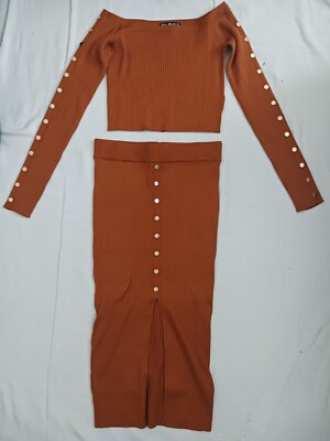 New Say What Two Piece Sweater Skirt Set Brown L Off Shoulder Front Gold Buttons