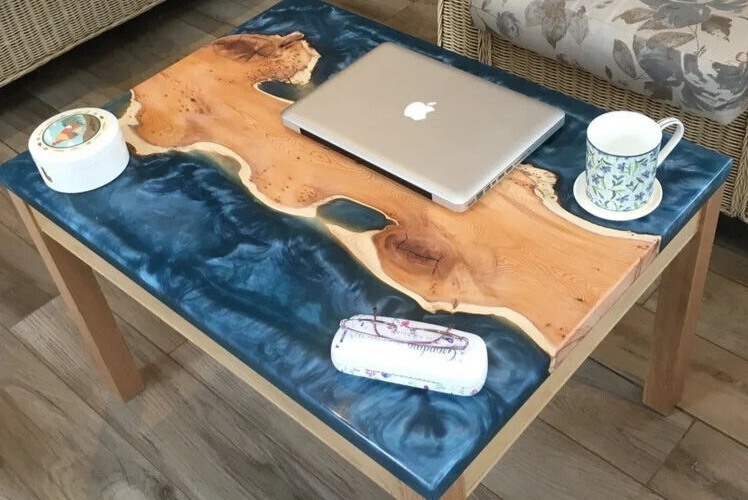 Blue Epoxy Resin Dining Table Handmade Furniture Wooden Live Edge Home Decor