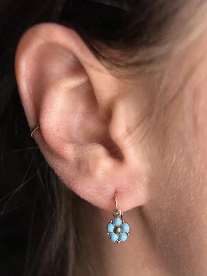 Antike Jugendstil Ohrringe Silber 835 vergoldet Blume Emaille Vergissmeinnicht - Bild 2 von 4