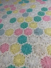 Vintage Handmade Crochet Baby Blanket Afghan 3D Flowers Pastel Soft Knit36"x 34"