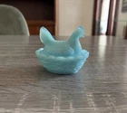 Antique Vallerysthal Sky Blue Milk Glass Mini Hen On Nest Salt Cellar 2.5” READ