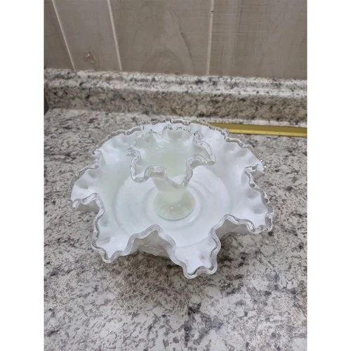 Vintage White Milk Glass Ruffled Bowl & Vase Set – Fenton Style