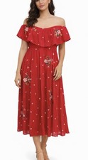 New Lost + Wander Red Floral Embroidered Ruffle Midi Dress XL Boho Cottagecore