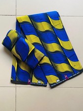 African Kente Fabric Print 6 Yards, 100% Cotton, Blue & Yellow Sewing Material