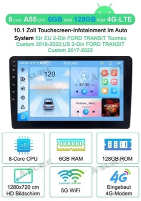 10.1'' 6+128GB Autoradio Navi Radio 2 DIN Ford Transit Tourneo Custom 2018-2022
