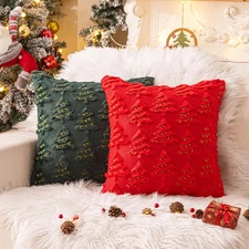 Christmas Tree Decorative Green Red Throw Pillow Covers 18x18 Set of 2, Faux Fur