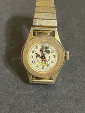 VTG Bradley Mickey Mouse Watch Red Hands Walt Disney Swiss Made Gold Tone