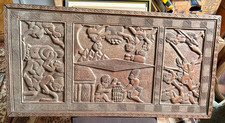 Ancien Grand Panneau Bois Sculpté Bas Relief Mural Africain Année 1940 Table